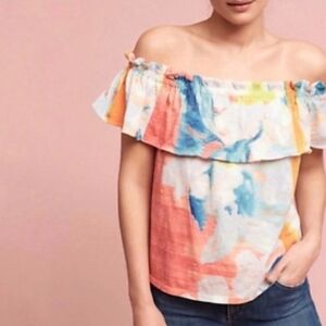Anthropologie | meadow watercolor flounce short sleeve top Sz XS